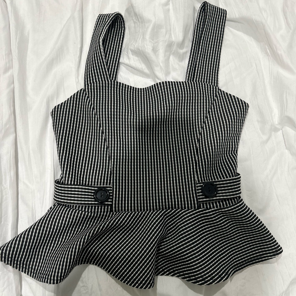 Miss Selfridge Black and White Striped Cropped Ruffle Tank